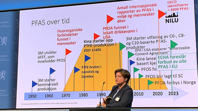 Seniorforsker Dorte Herze foran skjerm med illustrasjon av PFAS over tid