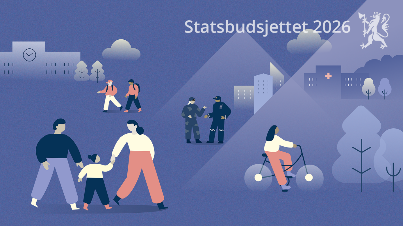 Illustrasjon av det norske samfunnet med teksten Statsbudsjettet 2026. Kreditering: Regjeringen.